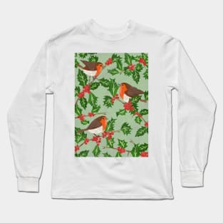 Three little paper cut robins on a holly bush Long Sleeve T-Shirt